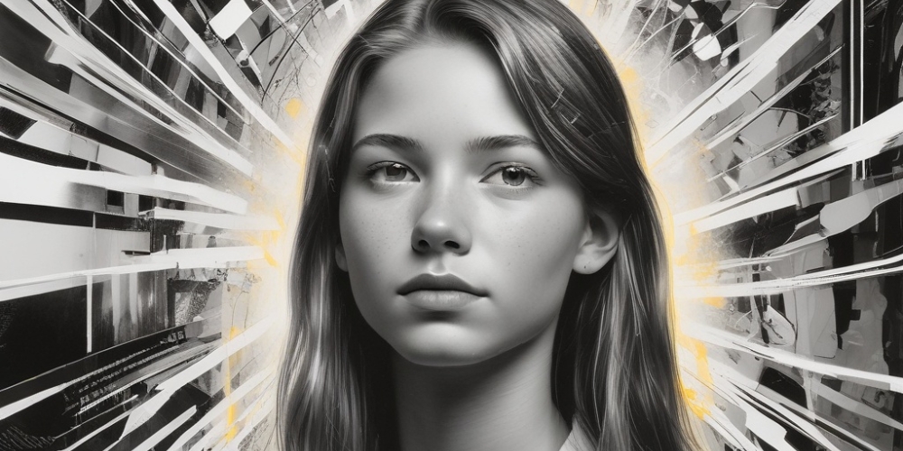 Porträt eines jungen Mädchens mit langen Haaren vor einem Hintergrund mit strahlenförmigen, abstrakten Linien und gelben Lichtakzenten.